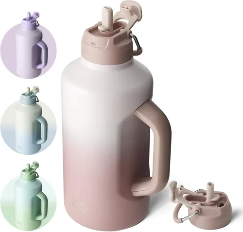Vista 8 de BOTTLE BOTTLE Botella de agua aislada de 64 onzas con popote y tapa de doble uso, jarra de medio galón para hombres con asa, botella de agua