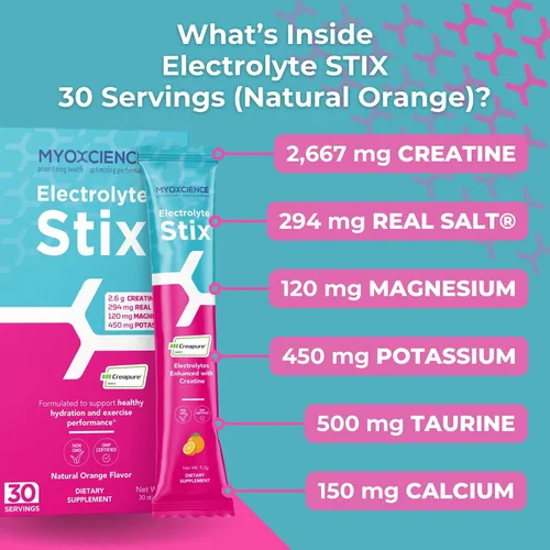 Vista 4 de MYOXCIENCE Electrolyte STIX Polvo de electrolito de creatina Recuperación del ejercicio y el desarrollo muscular con sal real