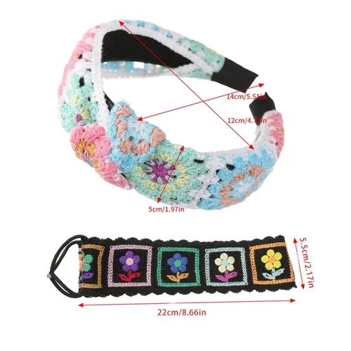 Vista 4 de LIANXUE Diadema de punto floral para mujer, turbante elástico, floral, ganchillo, cuadrado, estilo étnico, diadema envolvente para la cabeza