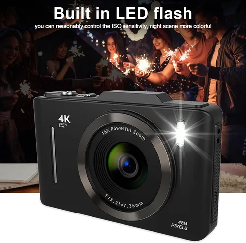 Vista 6 de Cámara digital 4K, cámara de video de bolsillo de 48MP con zoom digital de 16X y luz de flash, pantalla HD IPS de 2.8 pulgadas, cámara compacta