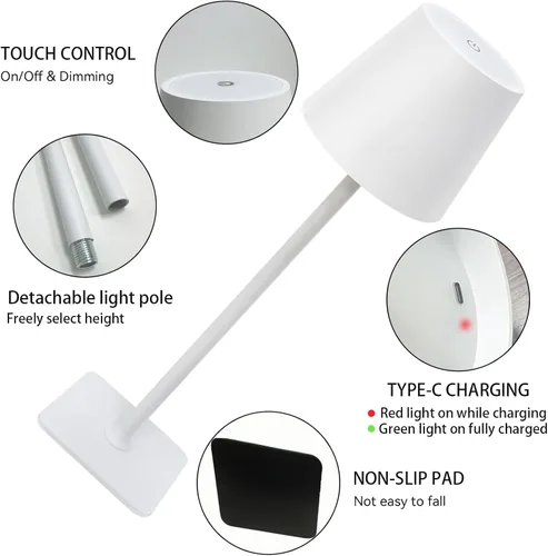 Vista 4 de Paquete de 2 lámparas de mesa inalámbricas recargables, funciona con pilas, lámpara LED táctil regulable con 3 temperaturas de color, lámpara