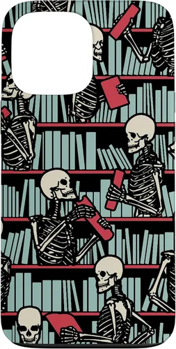 Vista 23 de iPhone 16 Bookish Public Library Skeleton Goth Librarian Books Pattern Case