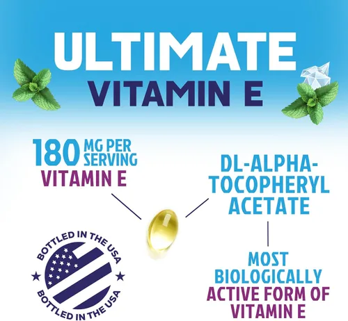 Vista 3 de Vitamina E 180 mg por porción cápsulas blandas – Vitamina E DL-Alfa, suplemento dietético rico en antioxidantes para la piel, el corazón y el apoyo
