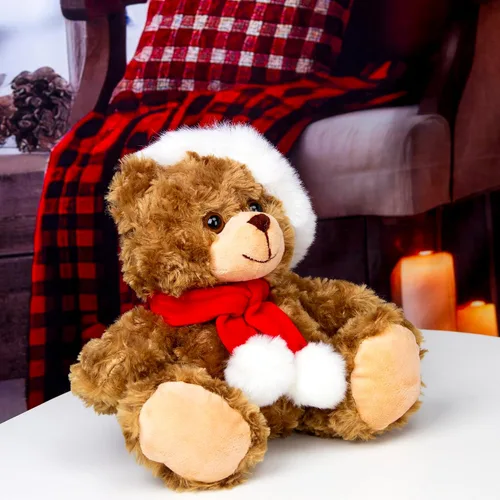 Vista 3 de Plushland Adorable oso de peluche de Papá Noel suave y peludo, juguetes navideños de animales de peluche, accesorios de Navidad, un regalo perfecto