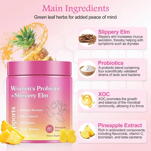 Vista 6 de Her Juicy - Gomitas femeninas de probióticos para mujeres, sabor a piña tropical, contiene olmo resbaladizo, apoya el equilibrio del pH, la salud