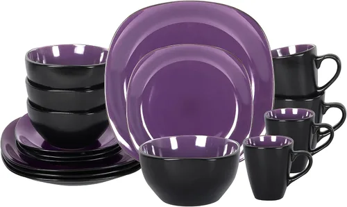 Vista 16 de juego de vajilla de cerámica de 16 piezas en forma cuadrada, interior rosa brillante + exterior negro mate