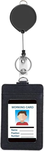 Vista 3 de AMUU Cordón de nylon negro para el cuello con soporte vertical de cuero PU para tarjetas de identificación y carrete retráctil, cordón, para llaves