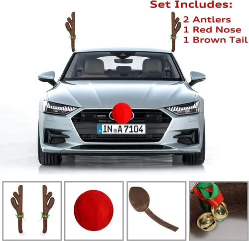 Vista 2 de MOMONI Kit Premium de Reno para Coche, Cuernos, Nariz, Cola - Set Rudolph Decoración Navideña para Coche, Disfraz de Auto, Accesorios de Auto