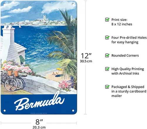 Vista 2 de Bermuda Hamilton Waterfront Main Island Somers Isles - Póster de viaje vintage por Frank Lemen c.1950s - Cartel de metal vintage de 8 x 12 pulgadas