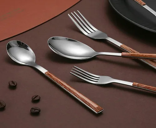 Vista 9 de Juego de cubiertos de madera de 30 piezas para 6 cubiertos de acero inoxidable duraderos, juego de cubiertos de madera modernos para el hogar