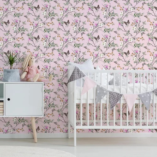 Vista 3 de VEELIKE Papel tapiz de estilo chinoiserie rosa con diseño de mariposas para dormitorio, habitación de niñas, 17.7 x 118 pulgadas, papel de contacto