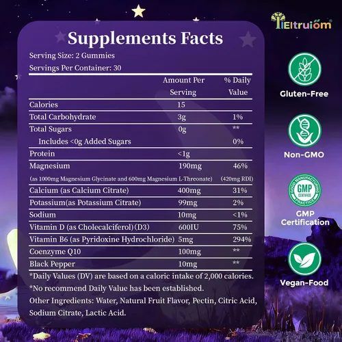 Vista 2 de Complejo de magnesio liposomal de 190 mg para niños por porción, glicinato de magnesio con L-treonato, vitamina D3, CoQ10, gomitas de L-treonato