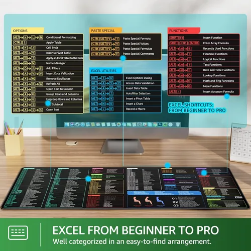 Vista 3 de KTRIO Excel Shortcuts Mousepad, Desk Mat, 31.5 x 11.8 in, XL Smooth Micro-Weave Surface, Shortcut Reference, Non-Slip Rubber Base, Durable