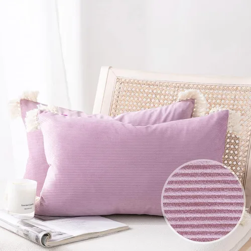 Vista 18 de Phantoscope Paquete de 2 fundas de almohada de pana suave para Halloween y otoño, decorativas de terciopelo a rayas con borlas de algodón, fundas