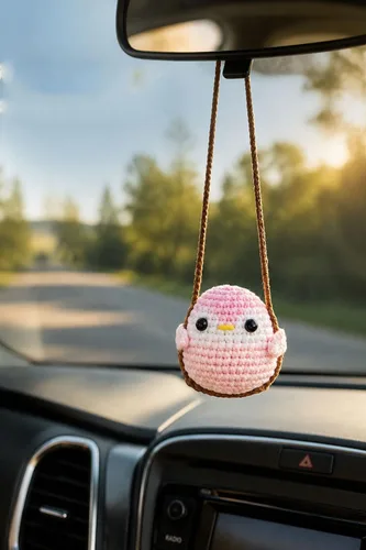 Vista 9 de Accesorios colgantes de espejo de coche con pollito - Decoración tejida a mano para espejo retrovisor, estética