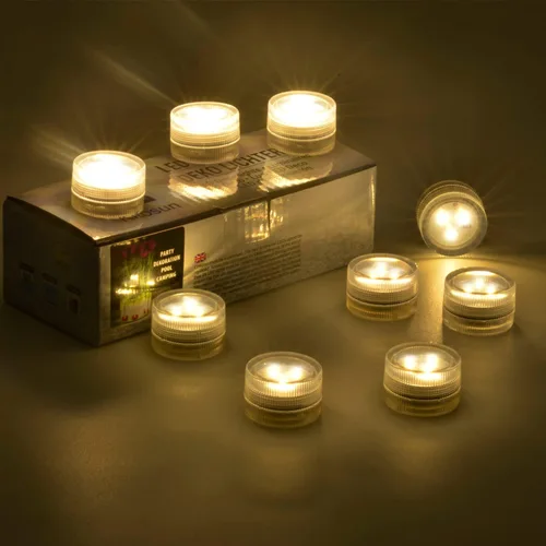 Vista 6 de Mini velas de té LED sumergibles impermeables – 20 unidades superbrillantes de disco de luz a pilas para centros de mesa de boda, florero floral