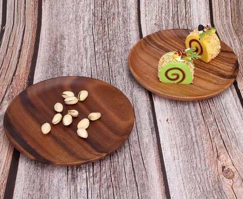Vista 6 de Ayiaren 2 unidades de platos decorativos de madera de acacia para ensalada, tableros redondos de charcutería, aperitivo, postre, tabla de servir