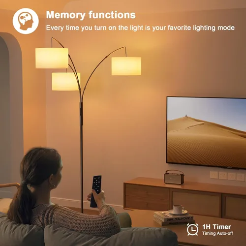 Vista 6 de SIBRILLE Lámpara de pie de arco RGB de 36 W con 3 pantallas de tela blanca, lámpara de pie súper brillante de 3000 lm con control remoto y táctil
