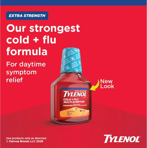 Vista 2 de Tylenol Extra Strength para tos severa + dolor de garganta durante el día, líquido de alivio del resfriado con múltiples síntomas, acetaminofeno