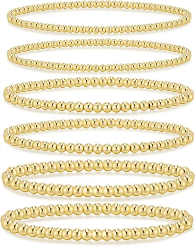 Vista 15 de adoyi - Pulseras de oro para mujer, impermeables, con cuentas de bolas chapadas en oro de 14K, pulseras ajustables apilables para regalos