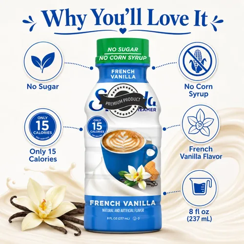 Vista 5 de Crema de café de vainilla francesa, botella de 8 onzas, sin azúcar, sin jarabe de maíz, crema líquida saborizada para café caliente o helado