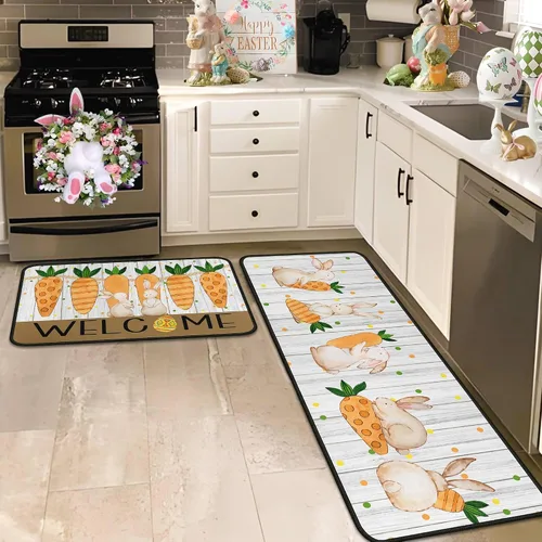 Vista 9 de Juego de 2 alfombras y tapetes de cocina de conejo de zanahoria y conejo, decoración de Pascua antideslizante, decoración de Pascua para el hogar