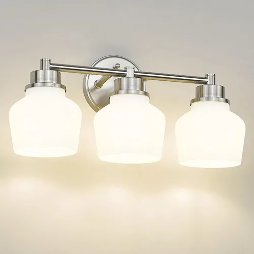 Vista 12 de Lámpara de tocador dorada Emak con pantalla de vidrio lechoso, accesorios modernos de iluminación de baño sobre espejo, 3 luces de tocador de baño