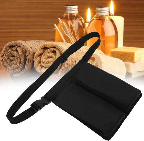 Vista 2 de Soporte de loción de aceite de masaje, bolsa de cinturón ajustable con dos bolsillos para botellas de aceite esencial, kit de suministros de masaje