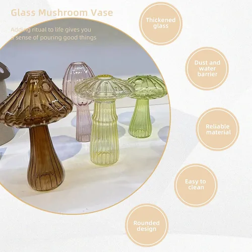 Vista 6 de IUIBMI Juego de 4 jarrones de hongos, coloridos jarrones de cristal de hongos, pequeños jarrones para flores, maceta de cristal para arreglos