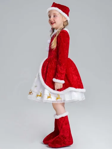 Vista 4 de AlecosFun Conjunto de vestido de Navidad para niñas disfraz de señora Santa Claus con sombrero de Navidad
