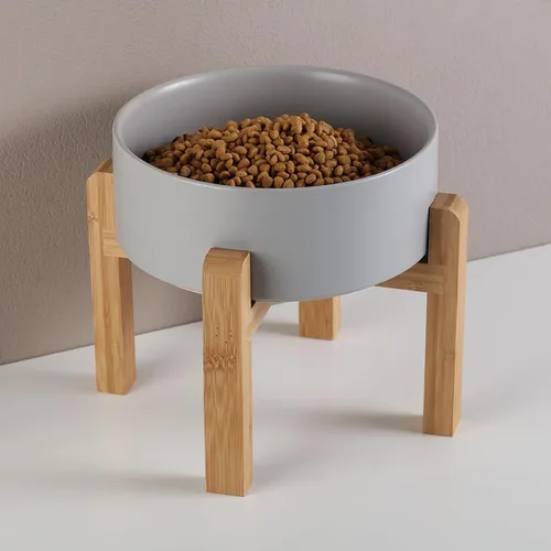 Vista 5 de Cuenco de cerámica elevado y elevado para perros de razas pequeñas y medianas, cuenco de agua con soporte, plato de alimentación pesado Gris
