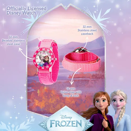 Vista 3 de Disney Frozen - Reloj analógico de nailon para niños, bisel de acero inoxidable, con correa de nailon