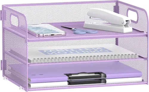 Vista 8 de Daltack Organizador de papel de 3 niveles con asa, organizador de escritorio de malla, bandeja de cartas, organizador de archivos para carpetas A4