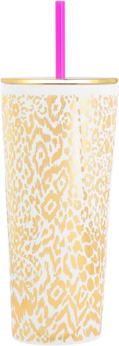 Vista 3 de Lilly Pulitzer Vaso de doble pared con tapa y popote reutilizable, vaso de viaje aislado con capacidad para 24 onzas, cereza amarena