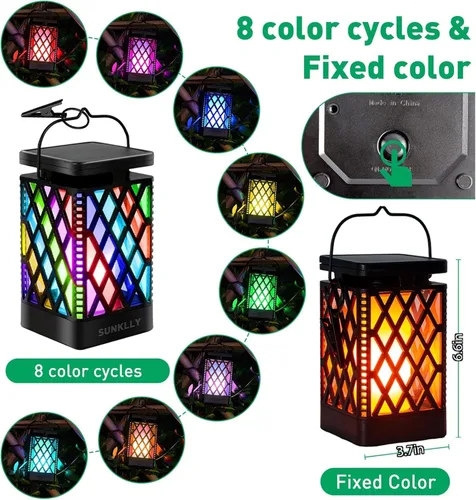 Vista 3 de Faroles solares colgantes que cambian de color y fijas, 9 modos, impermeables, luces colgantes para exteriores, llama parpadeante, linternas