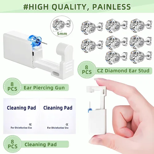 Vista 2 de Novopiercing Kit de 24 Piezas para Perforación de Orejas: Kit de Pistola Desechable para Perforación de Orejas con 8 Pistolas, 8 Piezas de Aretes