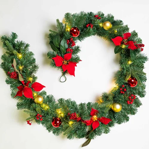 Vista 7 de YULETIME - Guirnalda de Navidad iluminada de 1,8 m, funciona con pilas con 20 luces de hadas artificiales, bolas doradas, bayas, flor de pascua