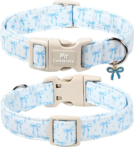 Vista 2 de MR.CHUBBYFACE· Collar de perro de San Valentín azul, lindo collar de cachorro con lazo azul, collar ajustable de algodón para mascotas con hebilla