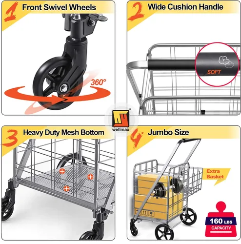Vista 5 de Wellmax Carrito de comestibles plegable con ruedas, carrito utilitario de metal resistente con parte inferior de malla, cesta trasera adicional