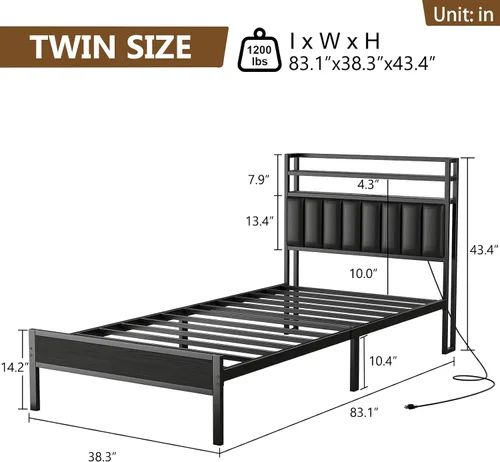 Vista 2 de Marco de cama tamaño twin con estación de carga y luces LED, marco de cama de metal con cabecero, cabecera tapizada negra con estantes