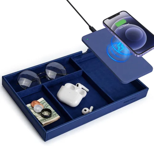 Vista 14 de Valet Tray, Built in Wireless Charging Pad, Nightstand Organizer Sillín marrón