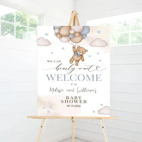 Vista 2 de Letrero de bienvenida personalizado para baby shower, tablero de bienvenida personalizado con oso de peluche para baby shower, decoración neutra