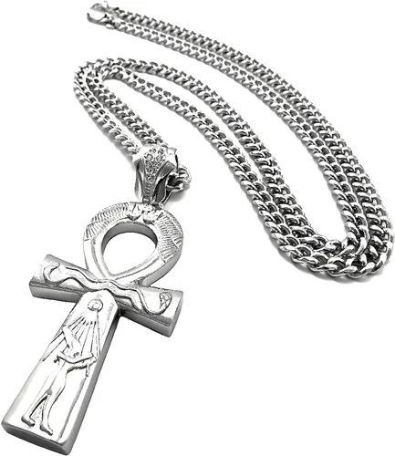Vista 2 de GWOOD Ankh - Colgante grande de color plateado con collar cubano de 36 pulgadas de largo, Plata