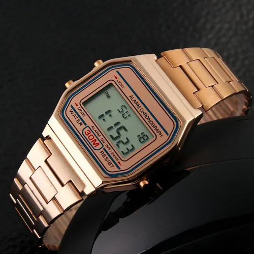 Vista 4 de VIGOROSO Reloj casual digital de acero inoxidable dorado retro vintage para hombre, cronómetro