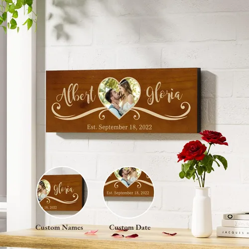 Vista 5 de Bemaystar Regalos de boda personalizados, letreros de madera con nombre, foto, fecha, para recuerdos únicos de aniversario, recuerdos de amor