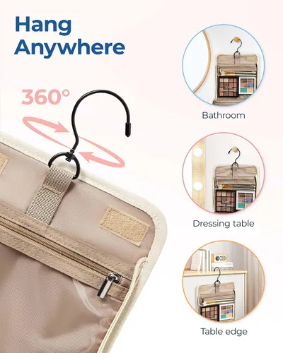 Vista 6 de BAGSMART Neceser de viaje para maquillaje con gancho para colgar, bolsa de cosméticos, organizador de gran capacidad, resistente al agua, para Beige
