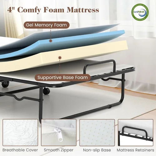 Vista 4 de DORTALA Cama plegable de metal plegable, cuna de colchón de espuma viscoelástica con marco de metal súper resistente y resistente, cama de invitados
