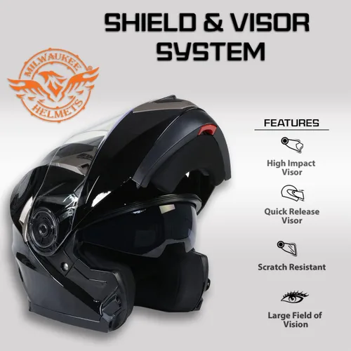 Vista 5 de Milwaukee Helmets MPH9806DOT Ionized Gloss Black Advanced Motorcycle Modular Helmet Biker w/ Drop Down Visor