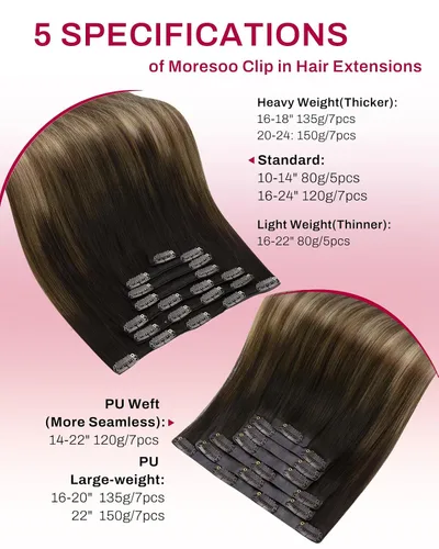 Vista 9 de Moresoo Extensiones de cabello humano con clip, balayage, color marrón oscuro a marrón dorado con clip, extensiones de cabello humano con clip, 5
