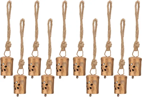 Vista 10 de Juego de 10 cascabeles y campanas de vaca doradas rústicas para manualidades, juego de cencerros pequeños vintage de 3.15 pulgadas con cuerda de Oro